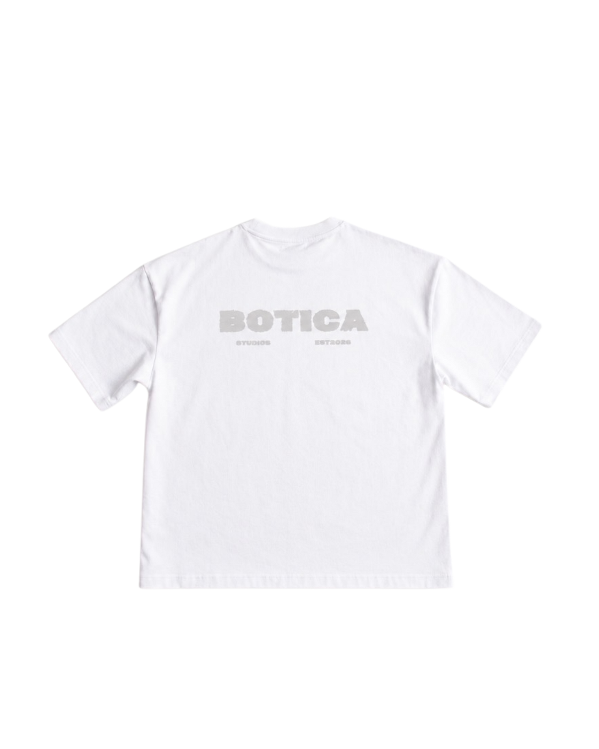 Back of The Back Hit Tee in white laid flat, with the grey BOTICA STUDIOS print across the upper back