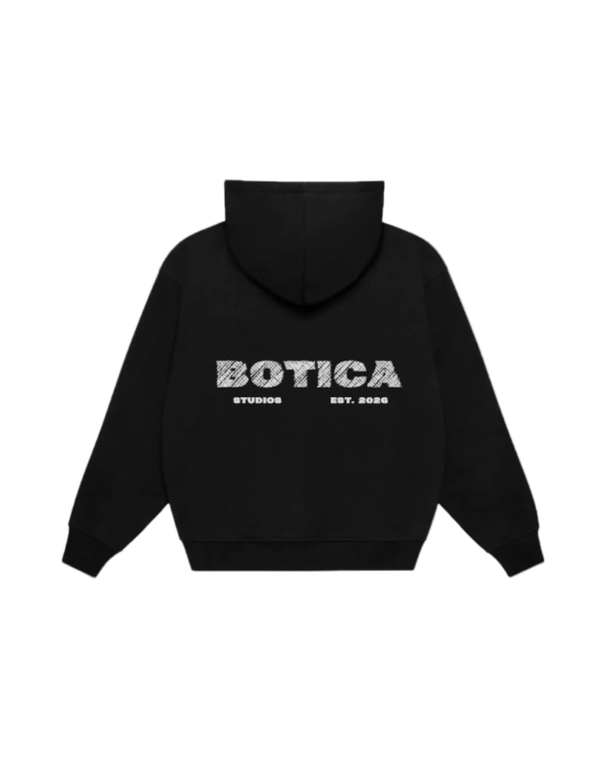 Back of the black Legacy Hoodie with the large puff print BOTICA STUDIOS graphic on a white background