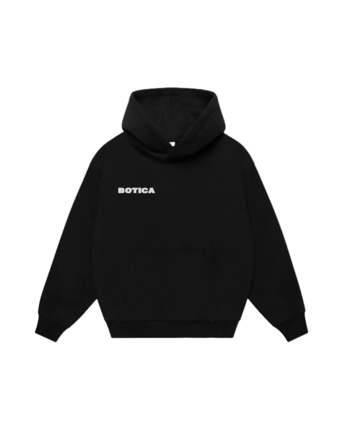 Front of the black Legacy Hoodie with a small BOTICA chest logo on a white background